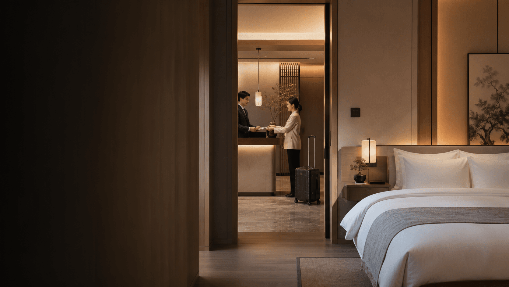 Modern Chinese lifestyle hotel room and reception handoff.