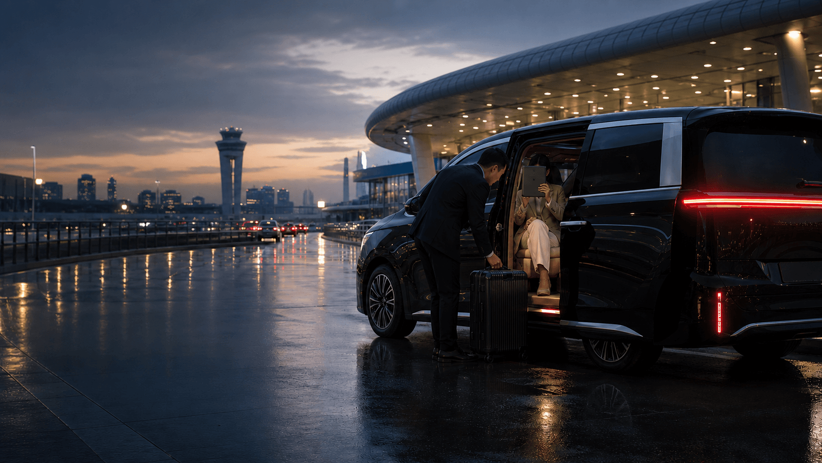 Premium electric MPV airport pickup at a Shanghai terminal.