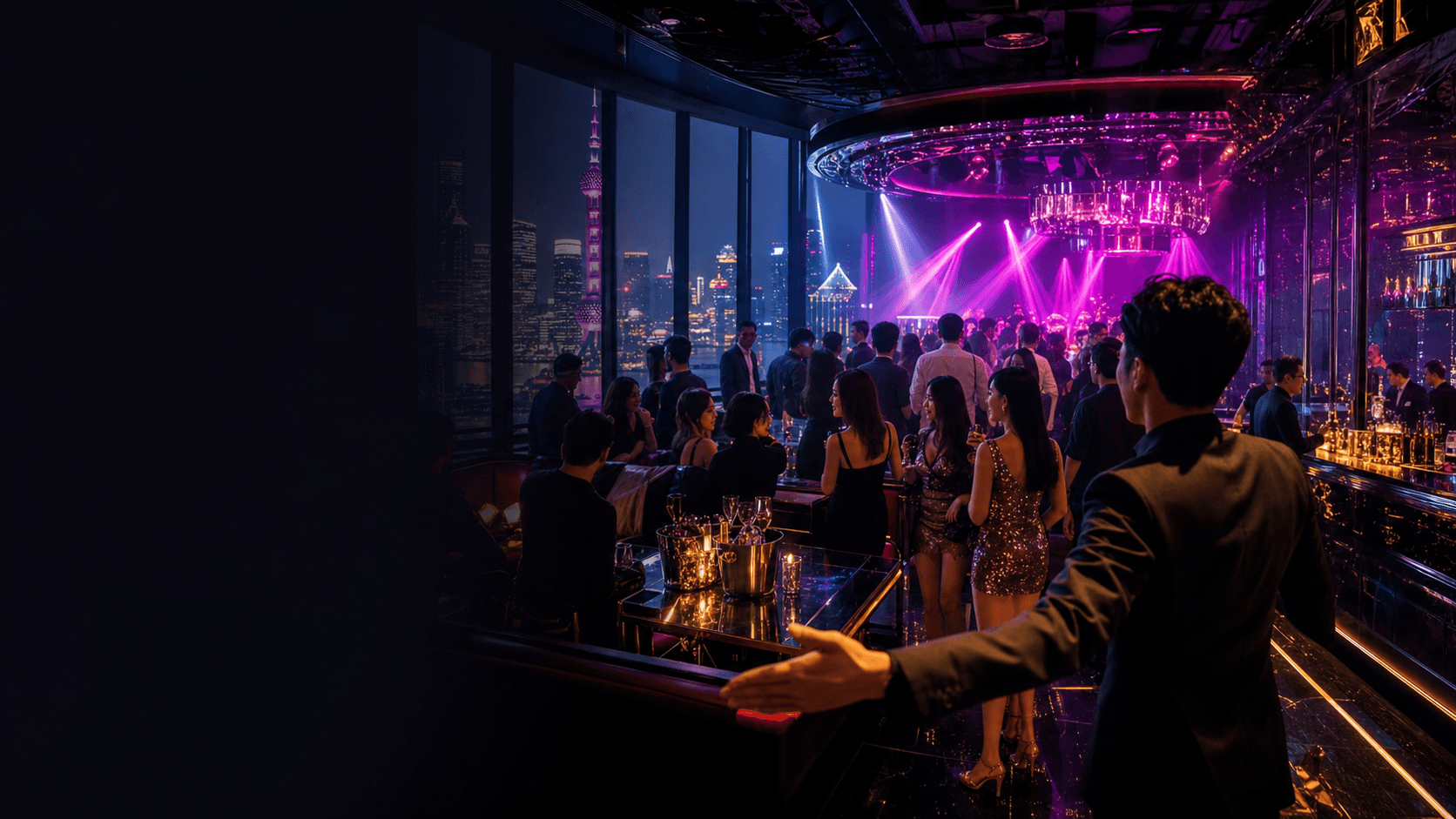 Fashionable Shanghai club party scene with skyline and lounge table.