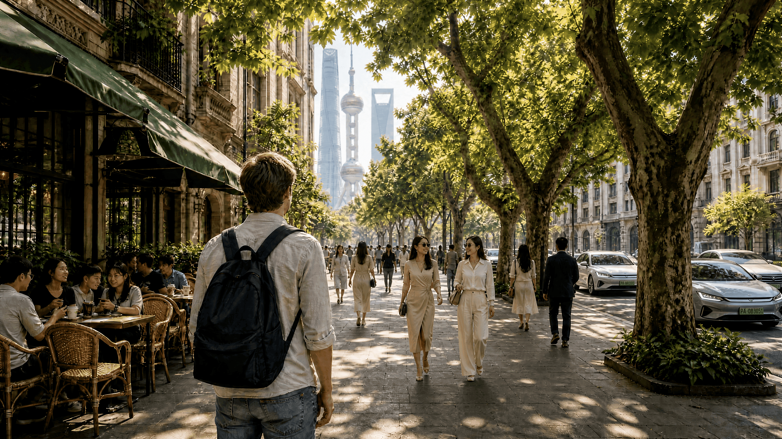 Shanghai street with plane trees, local storefronts, and the city skyline.
